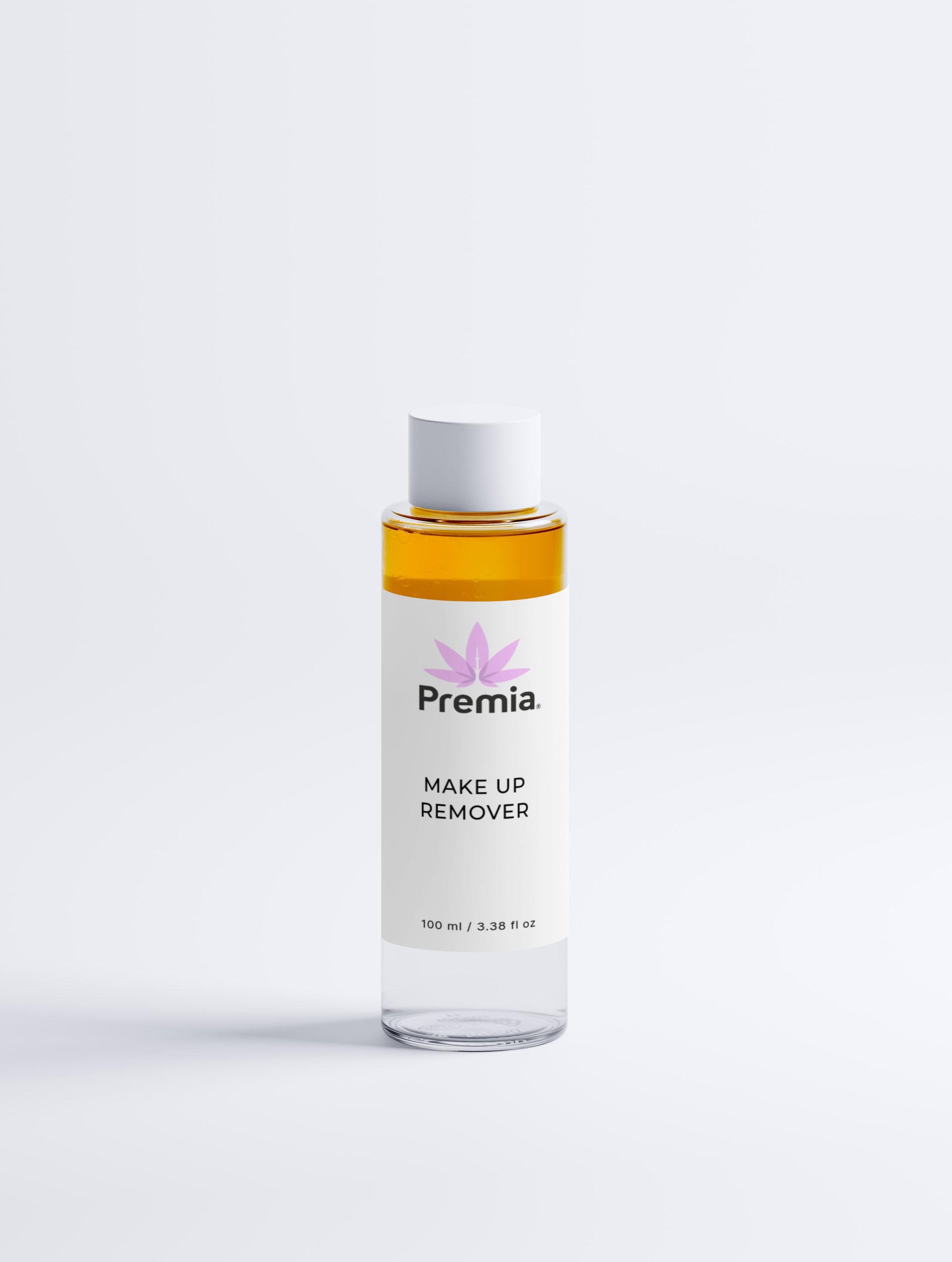 Bottle of Premia makeup remover on a white background