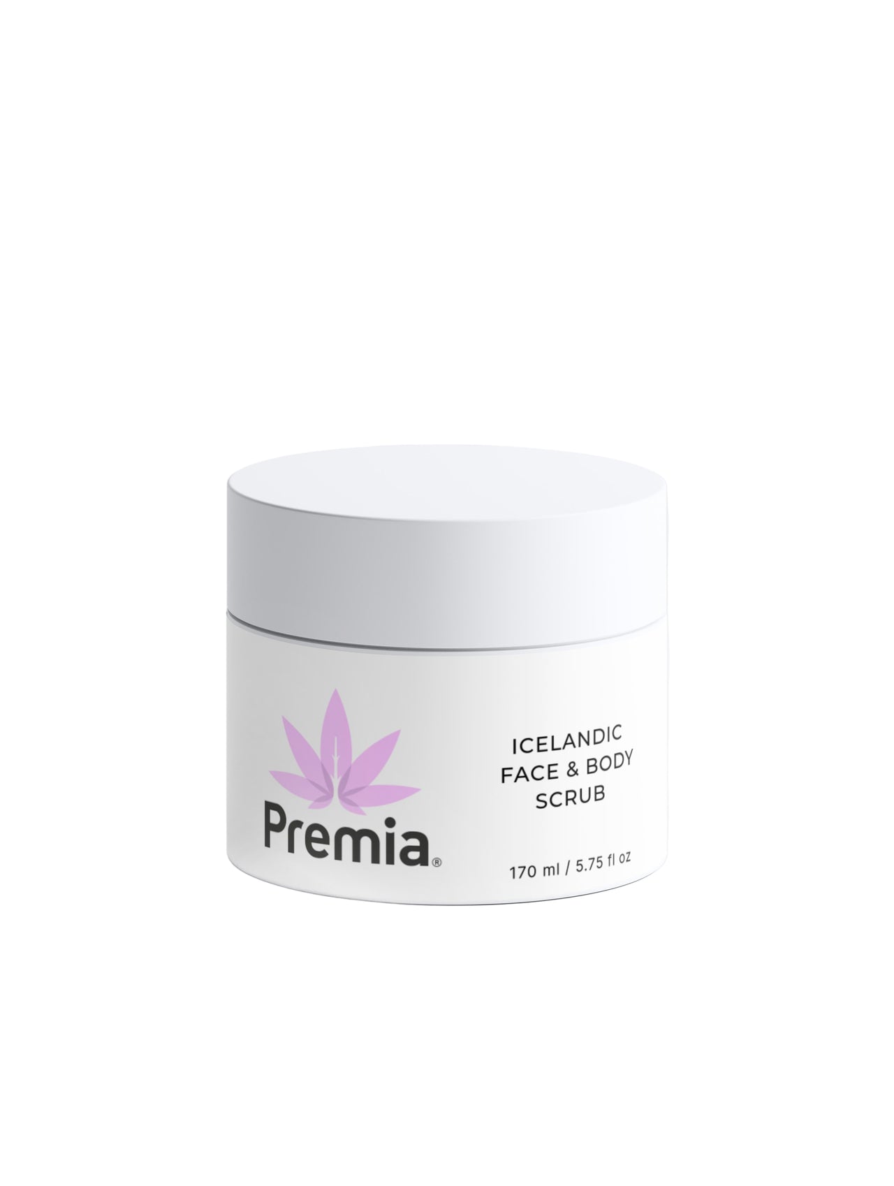 Jar of Premia Icelandic Face & Body Scrub on a white background