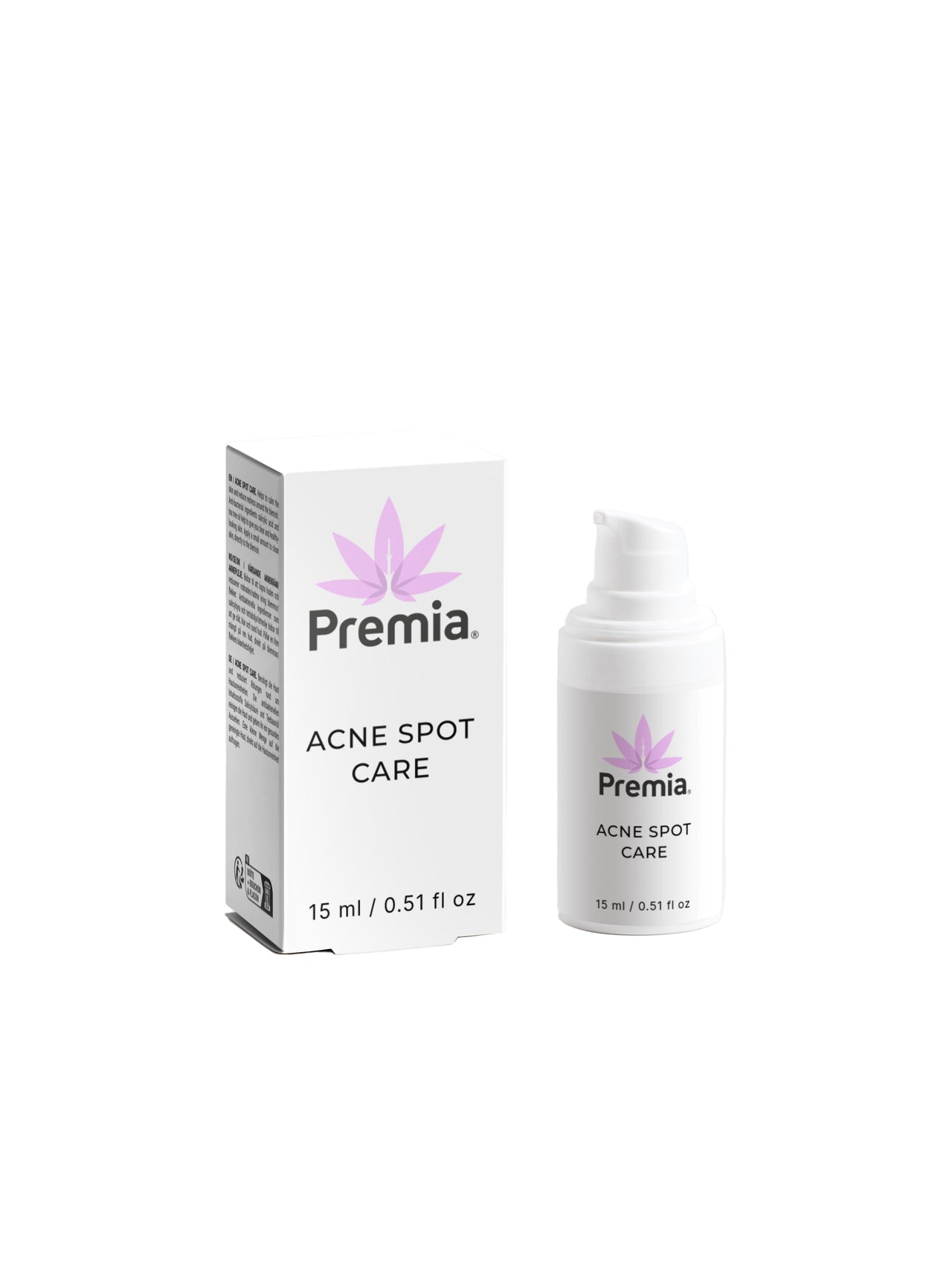 Premia Acne Spot Care packaging and bottle on a white background