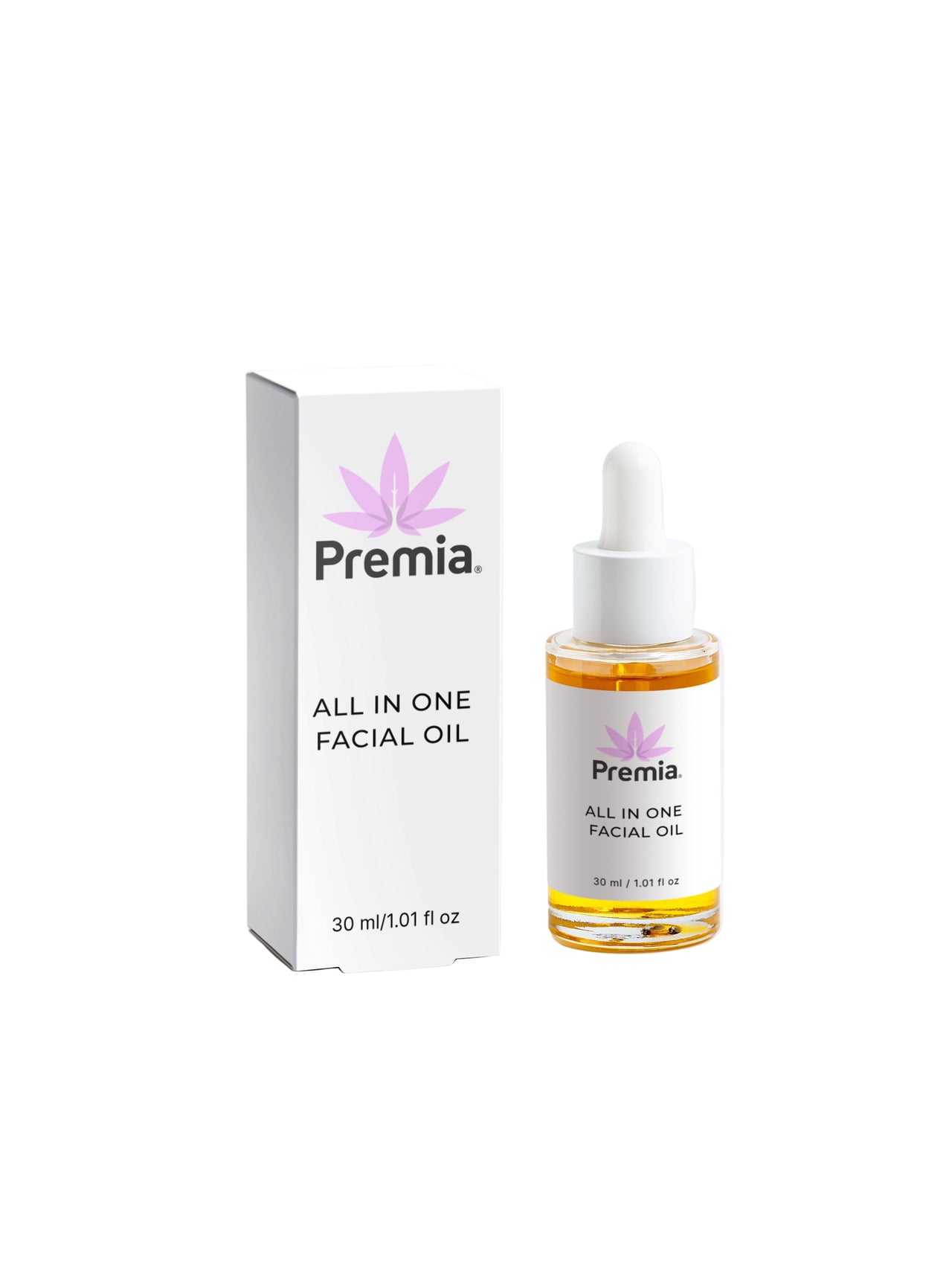 Premia All in One Facial Oil bottle and packaging on a white background