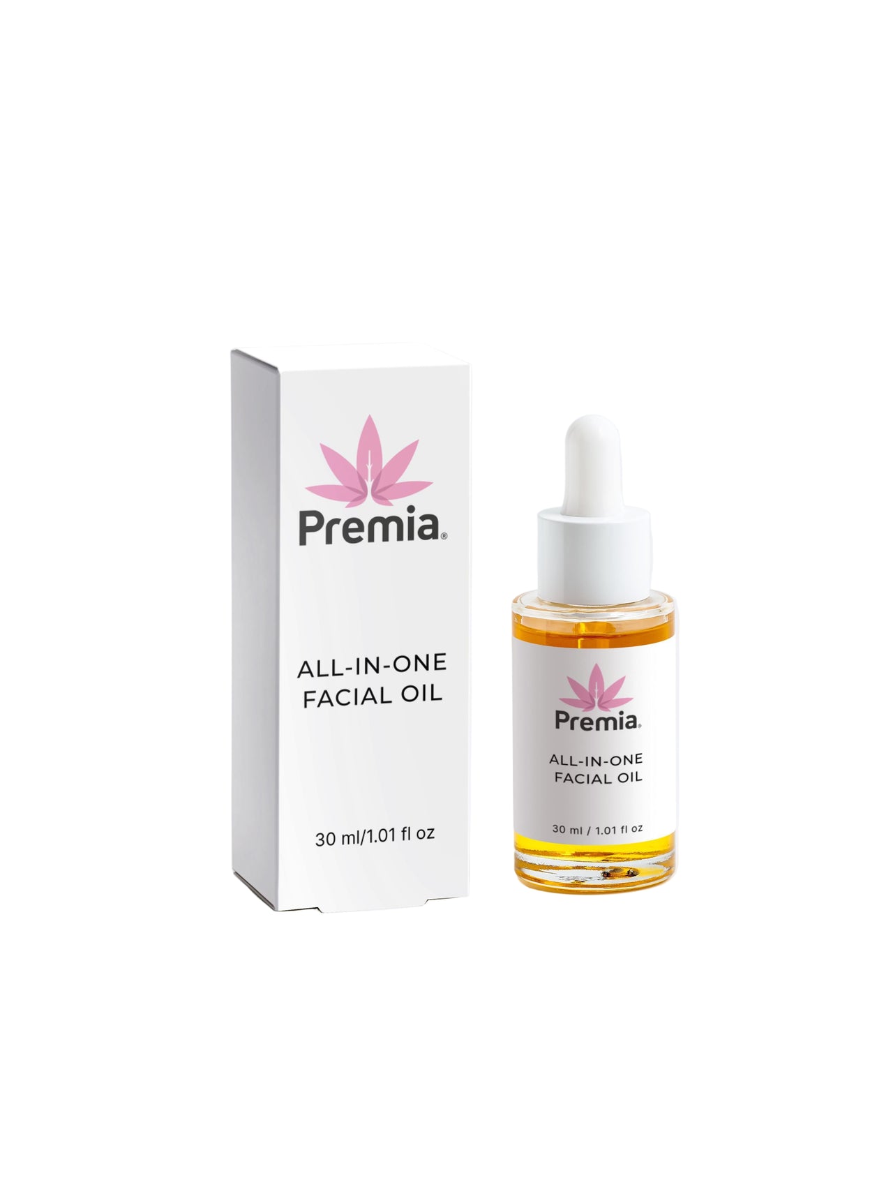 Premia All-in-One Facial Oil bottle and packaging on a white background