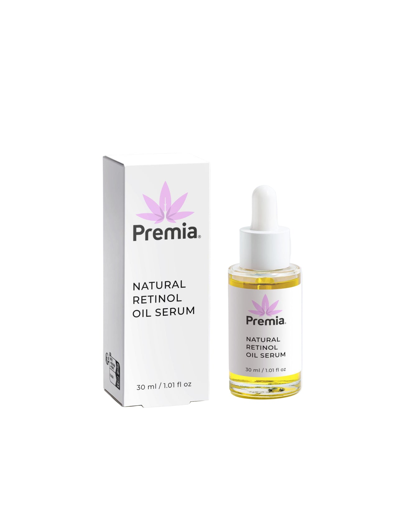 Premia Natural Retinol Oil Serum bottle and packaging on a white background