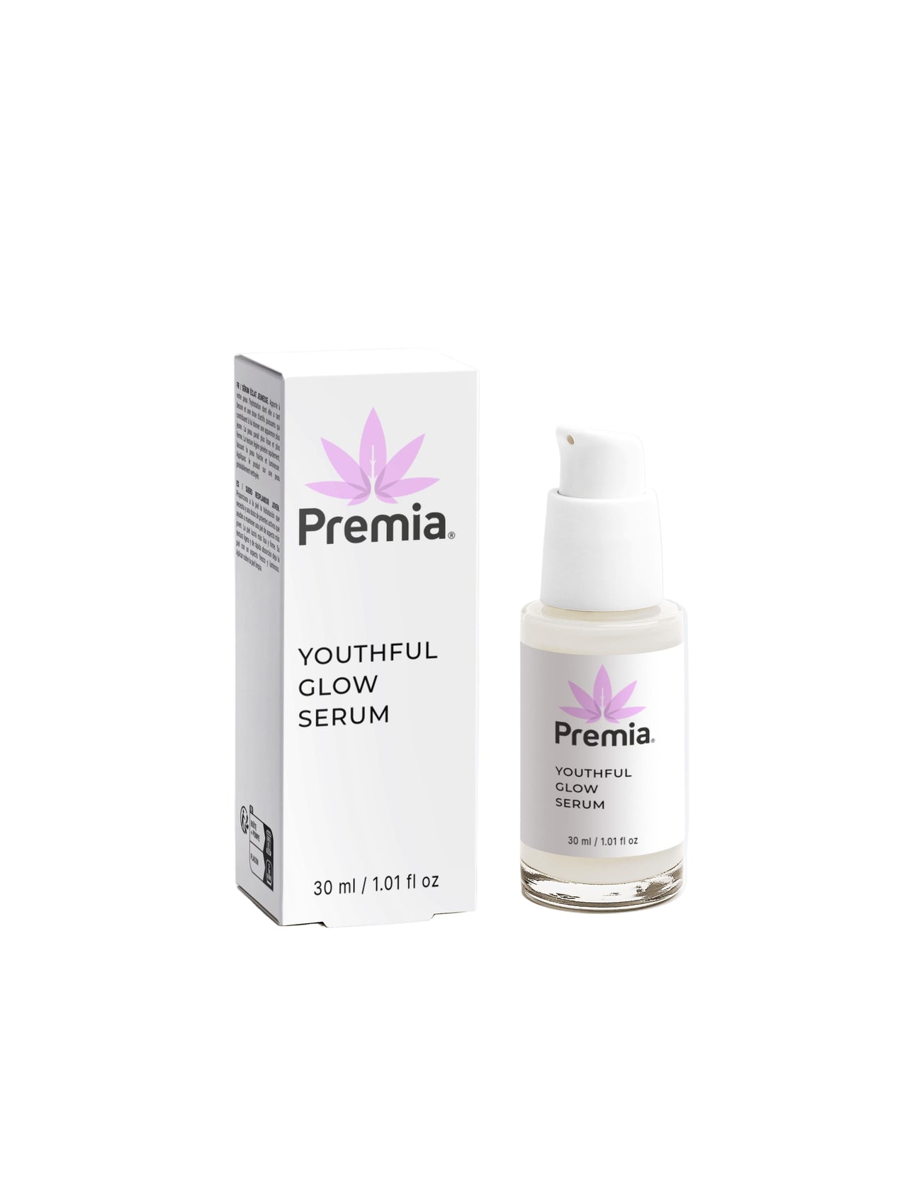 Premia Youthful Glow Serum bottle and packaging on a white background