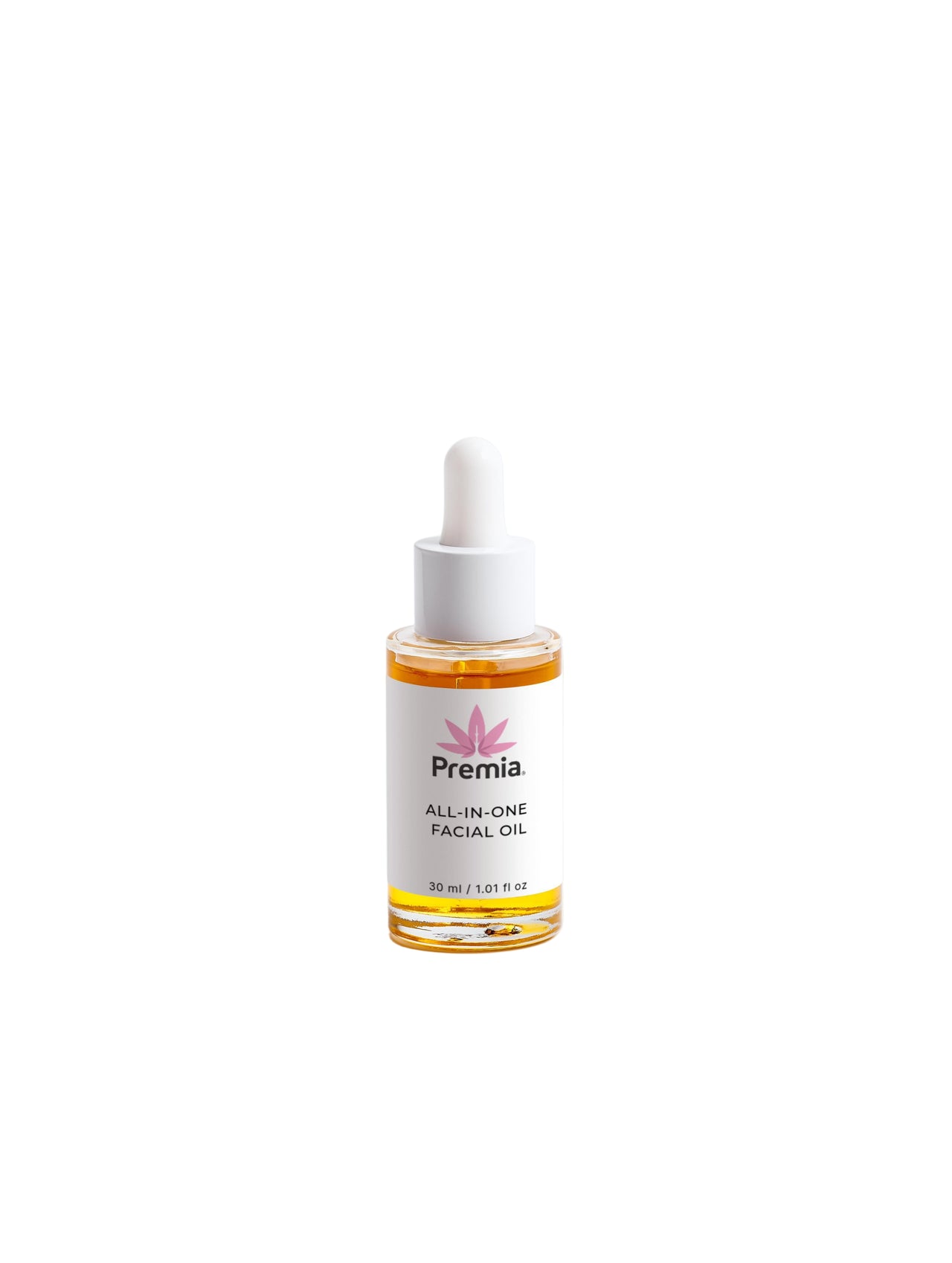Premia all-in-one facial oil bottle with dropper on a white background
