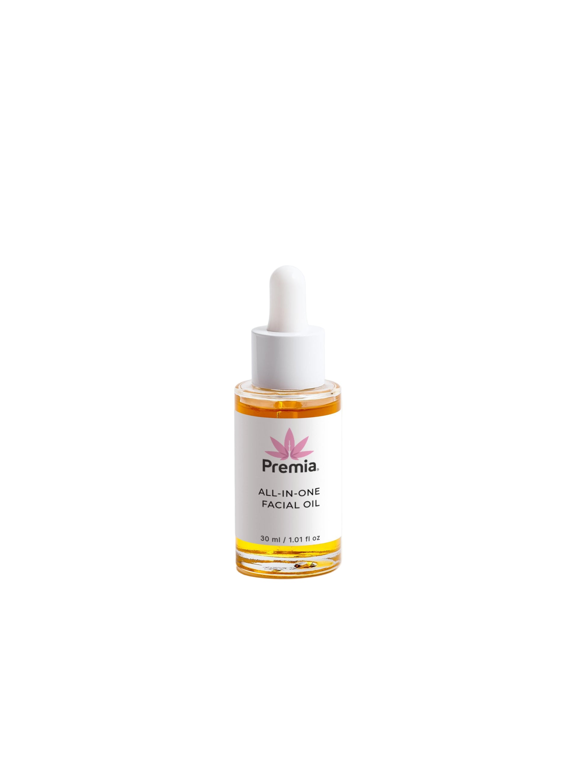 Premia all-in-one facial oil bottle with dropper on a white background