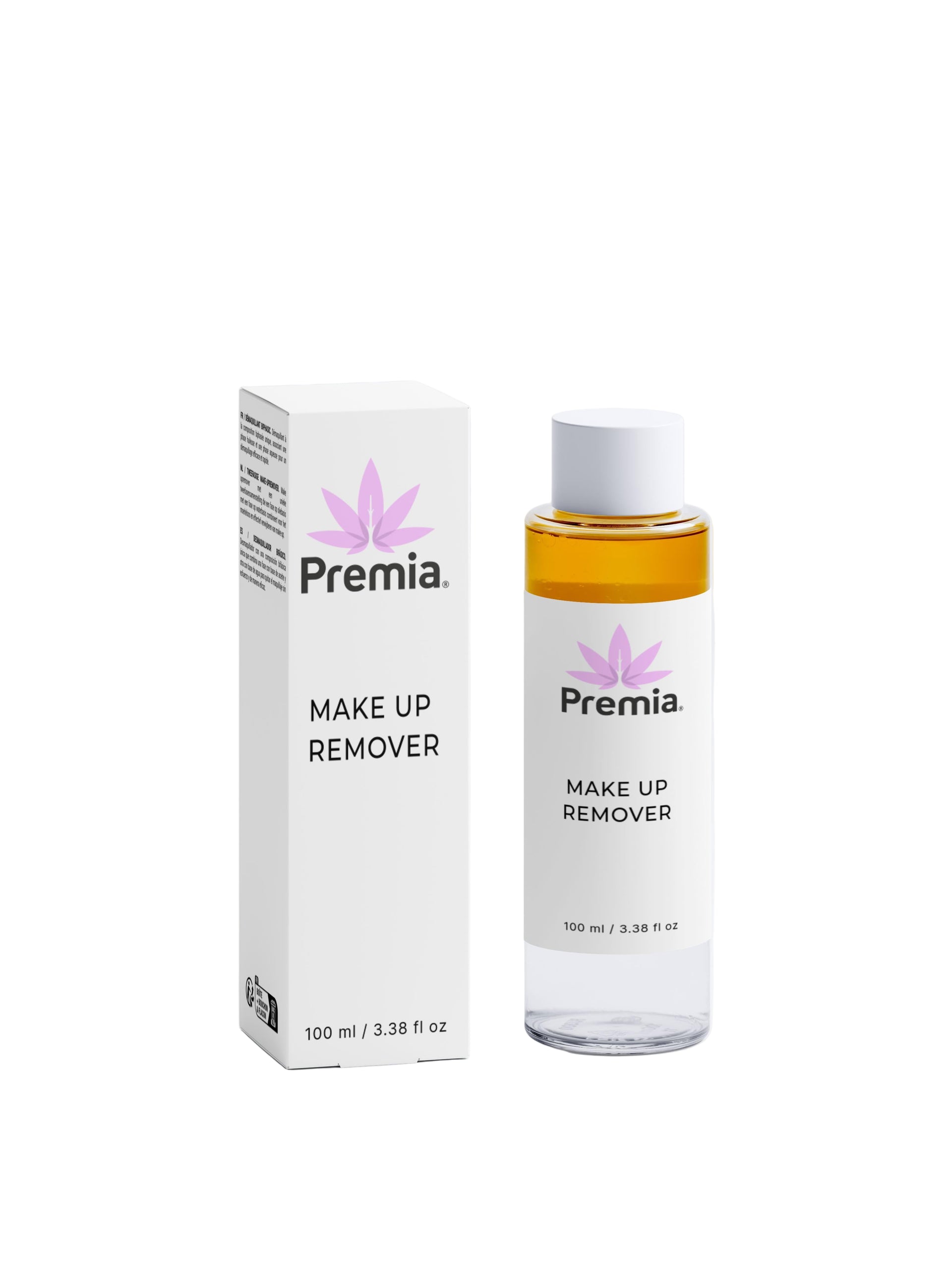 Premia makeup remover bottle and packaging on a white background
