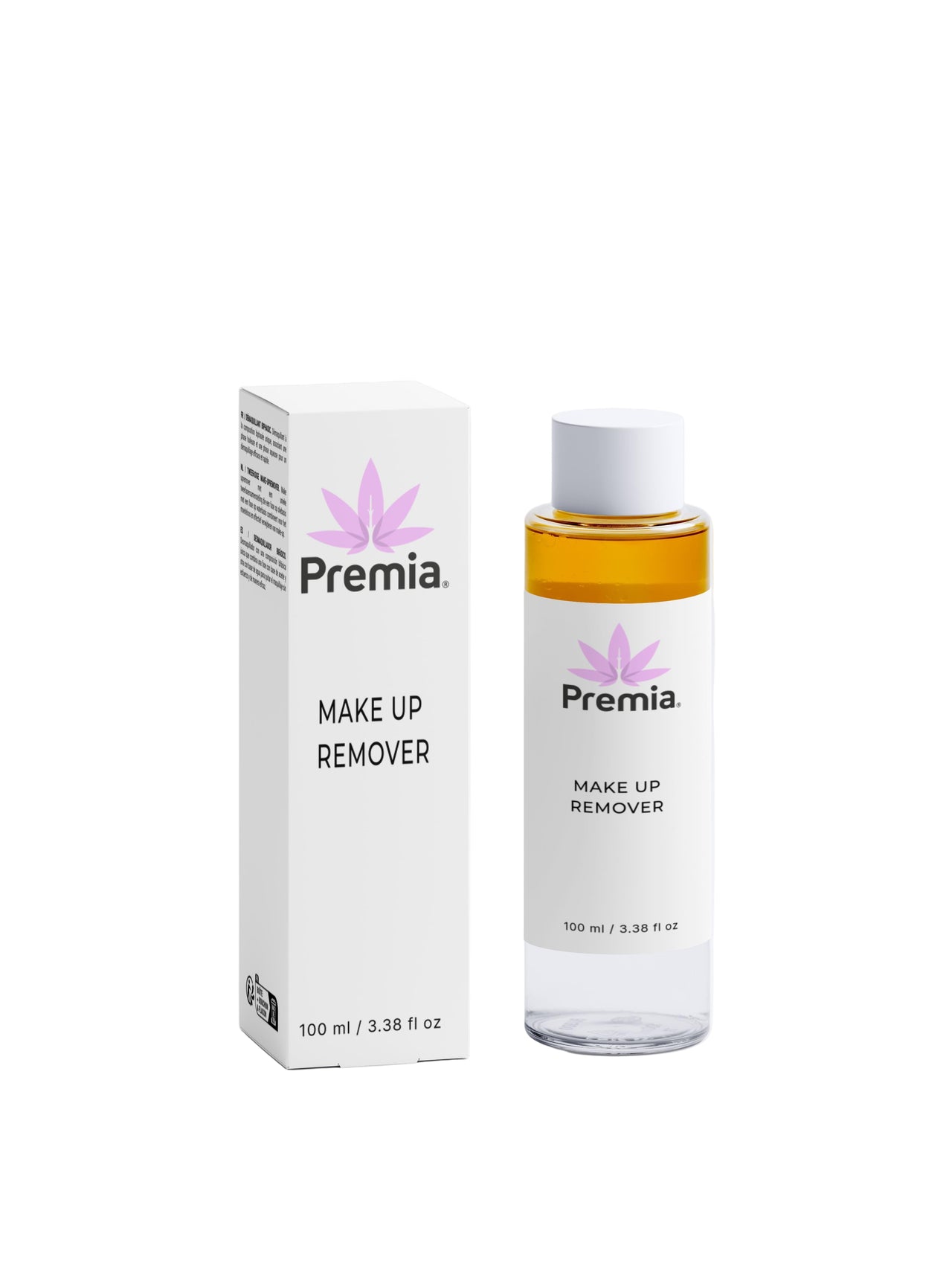 Premia makeup remover bottle and packaging on a white background