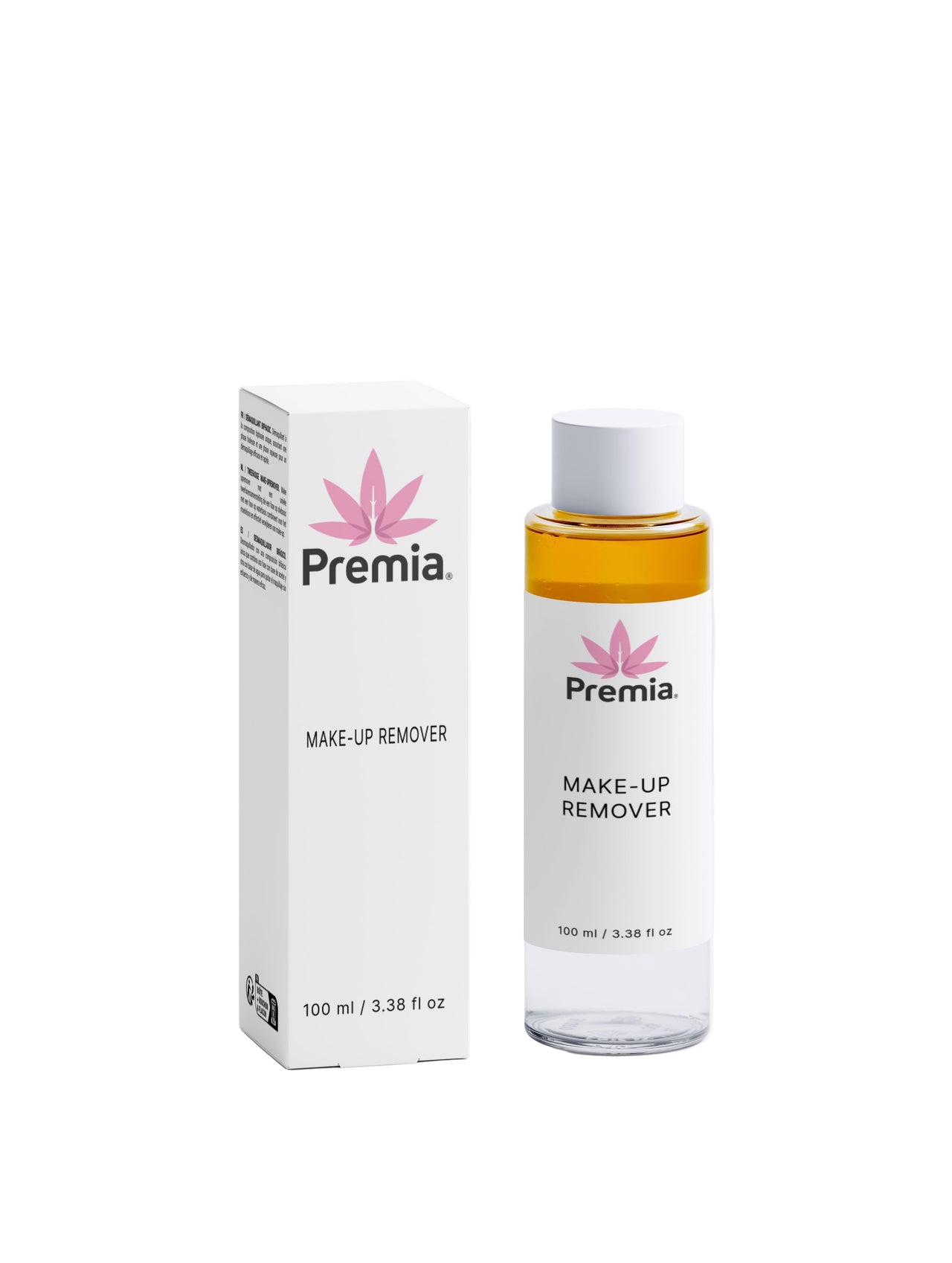 Premia makeup remover bottle and packaging on a white background