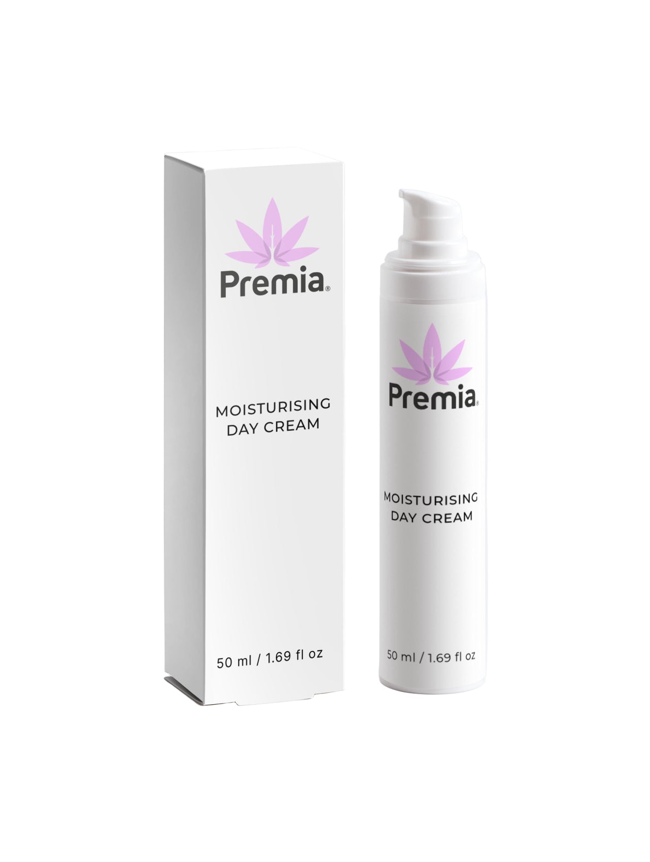 Premia moisturizing day cream with packaging on a white background