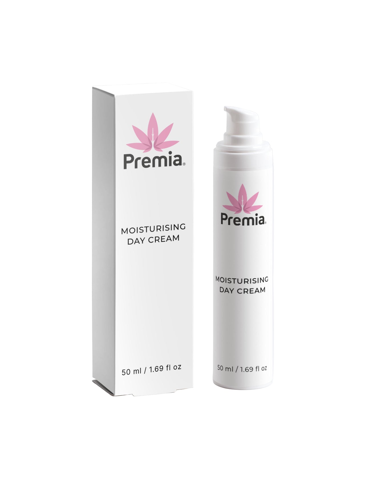 Premia moisturizing day cream with packaging on a white background