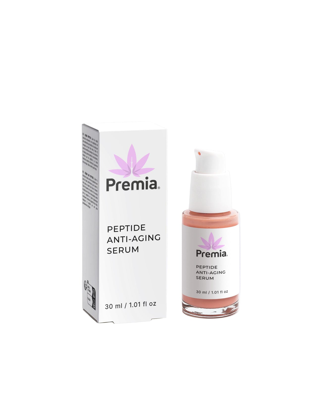 Premia peptide anti-aging serum bottle and packaging on a white background
