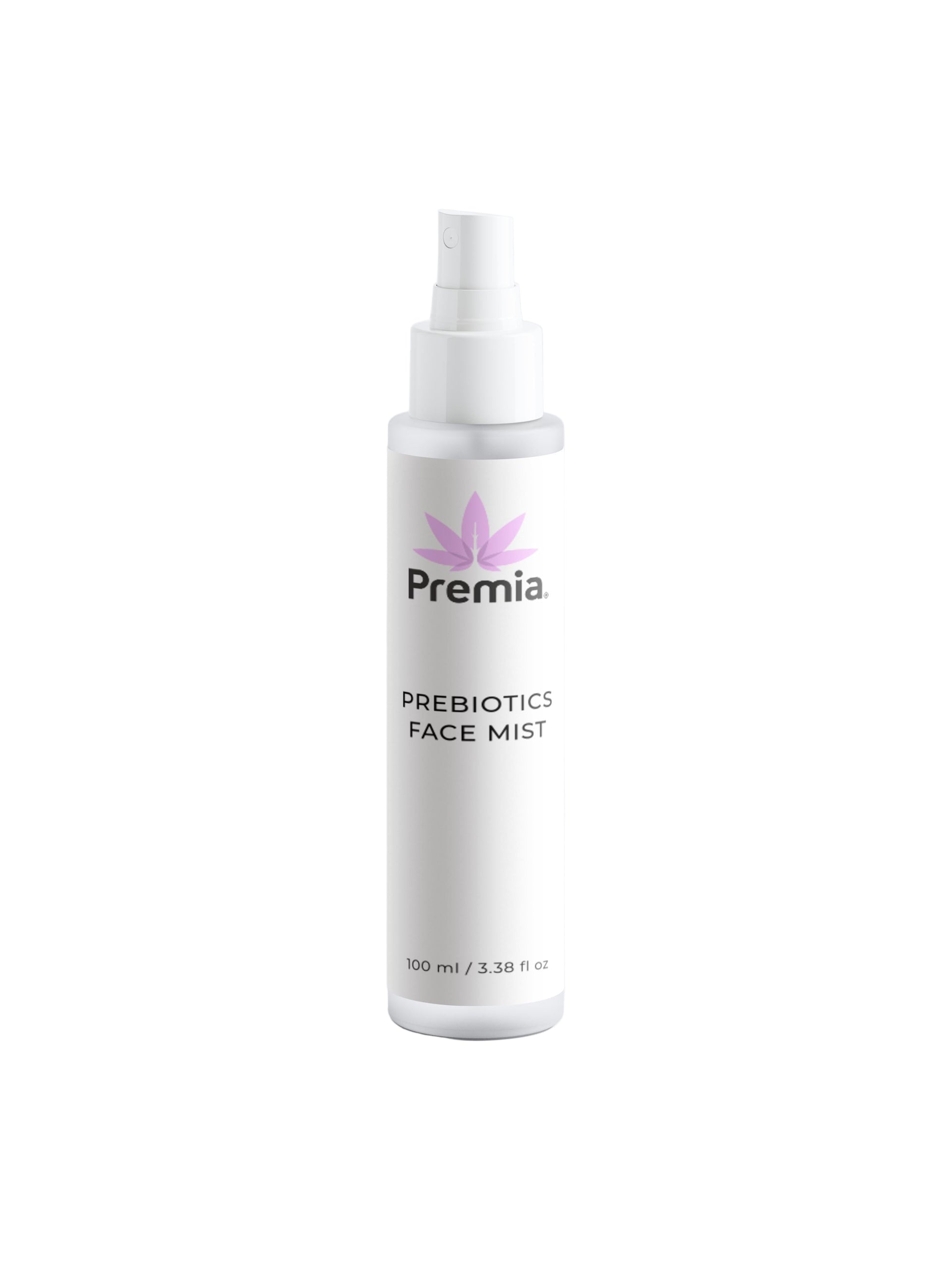Premia prebiotics face mist bottle on a white background