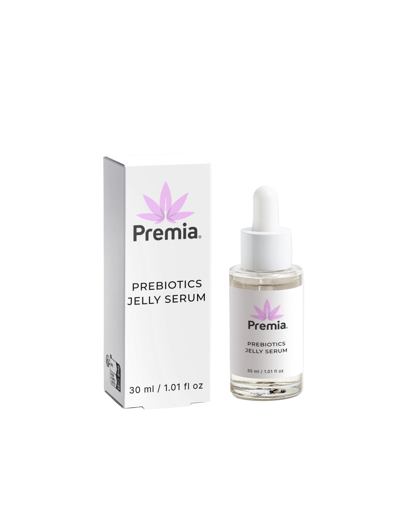 Premia prebiotics jelly serum bottle and packaging on a white background