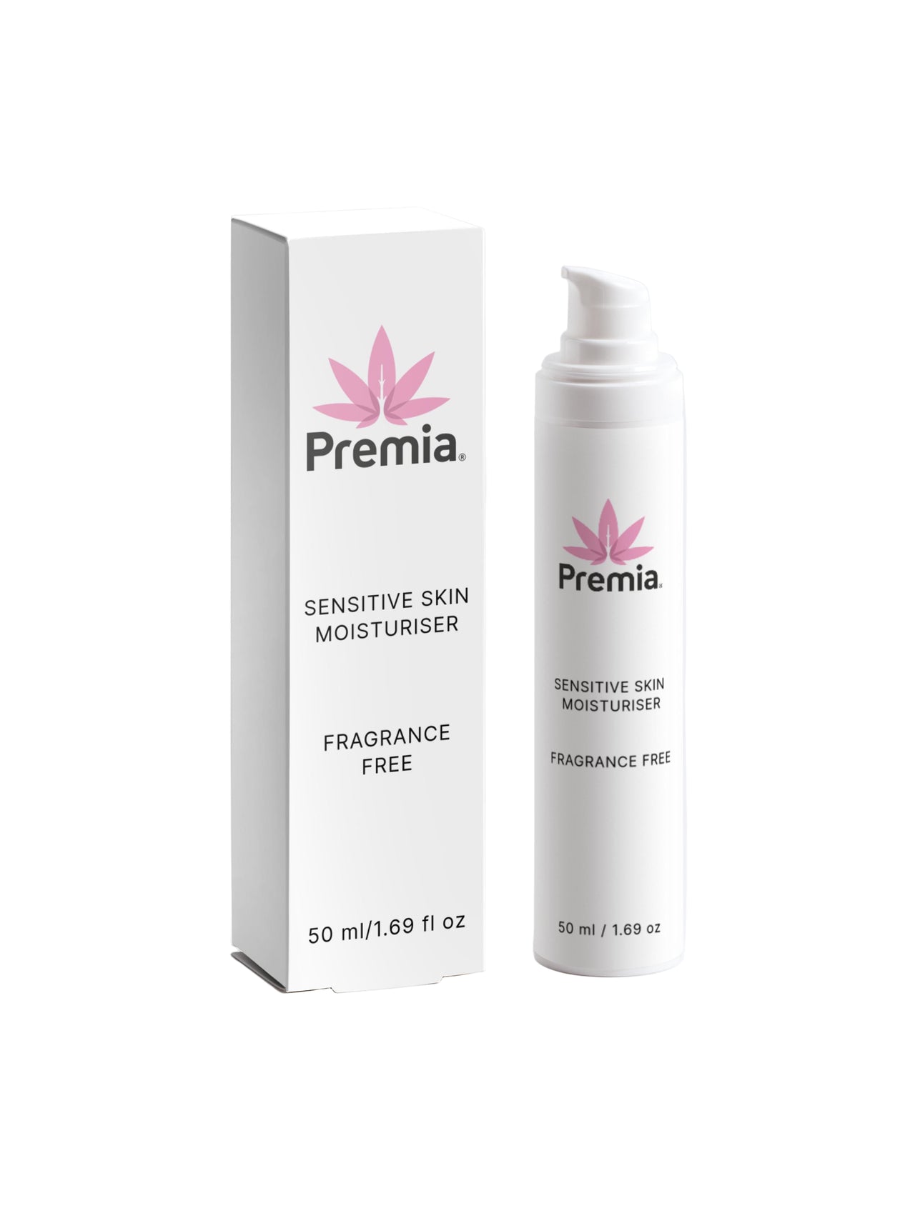Premia sensitive skin moisturizer with packaging on a white background