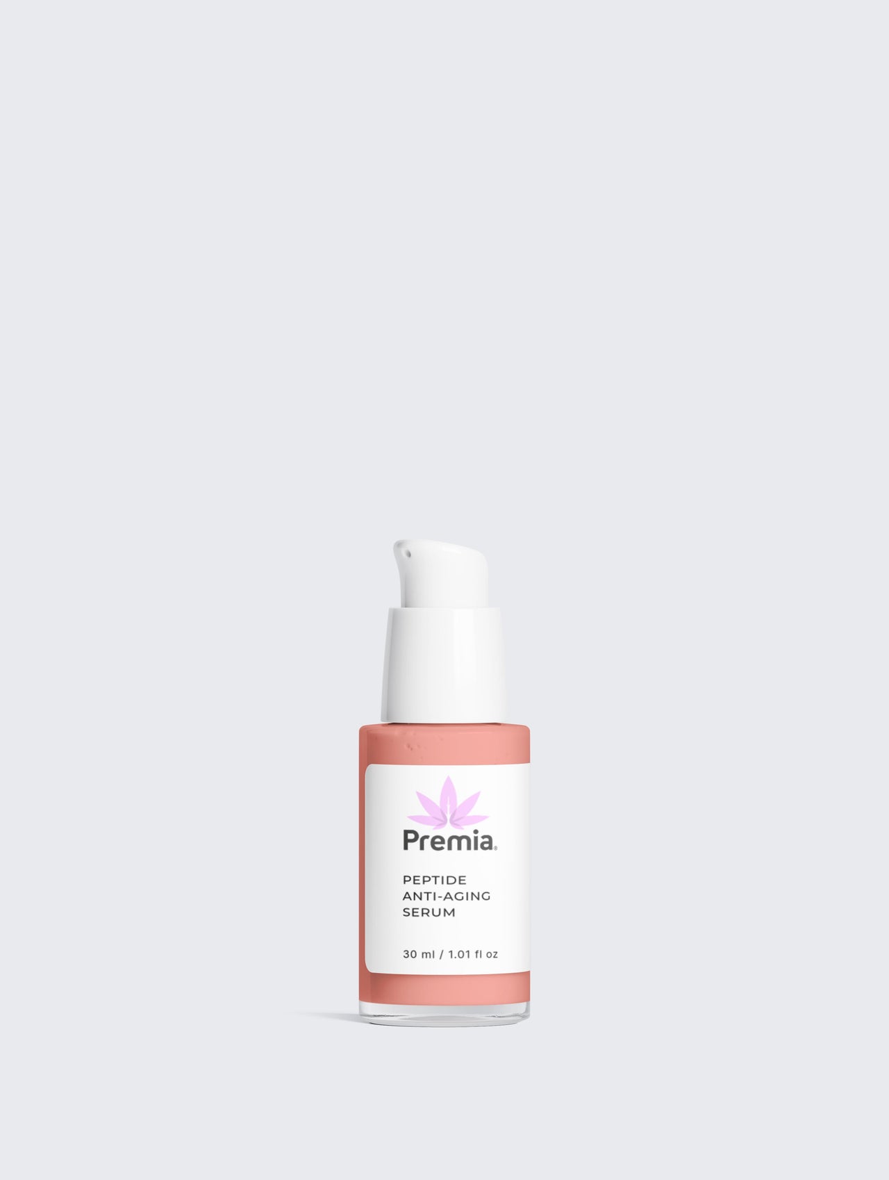 Skincare serum bottle with 'Premia' label on a light gray background
