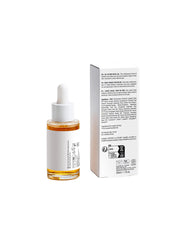 Skincare serum bottle with dropper and its packaging on a white background
