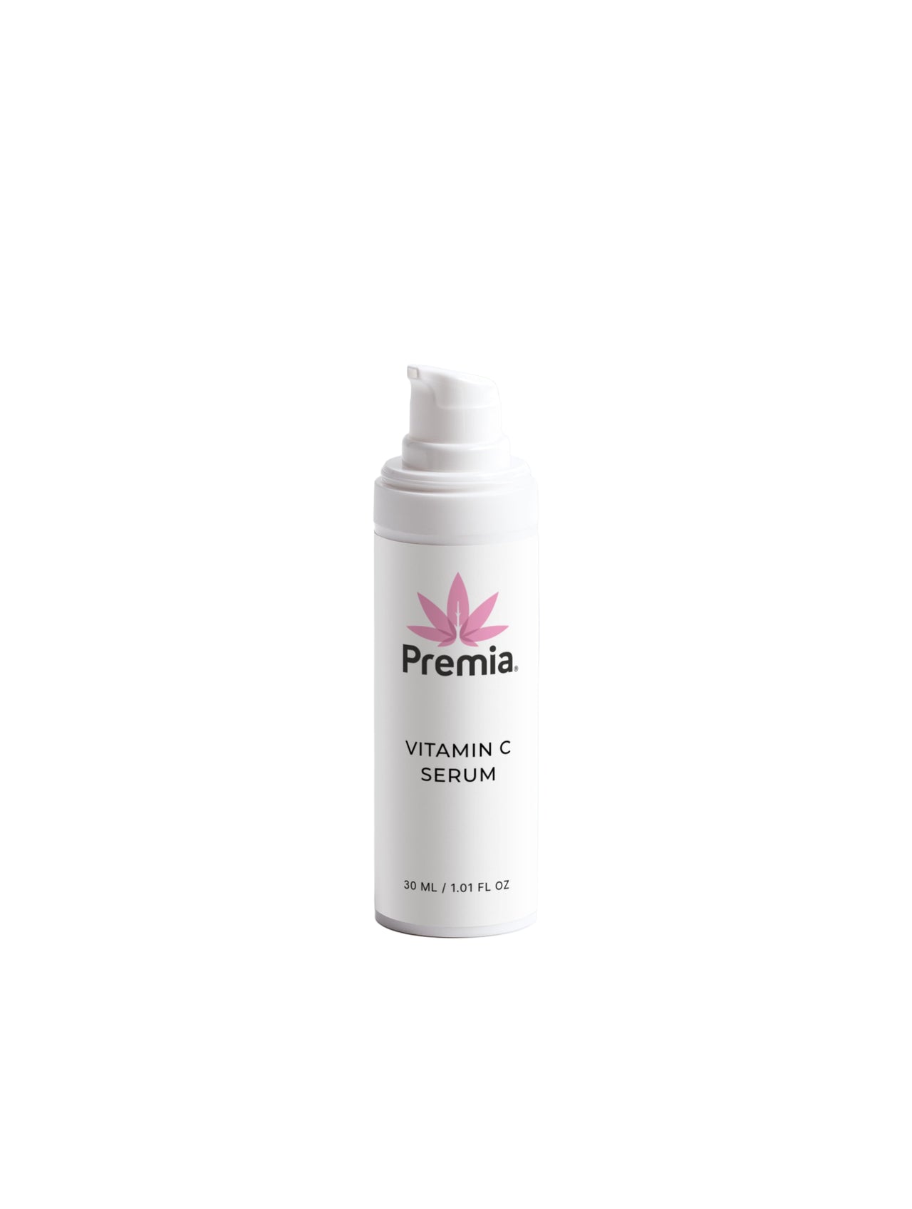 White bottle of Premia Vitamin C Serum on a white background