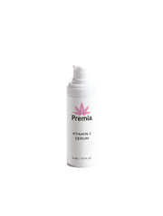 White bottle of Premia Vitamin C Serum on a white background