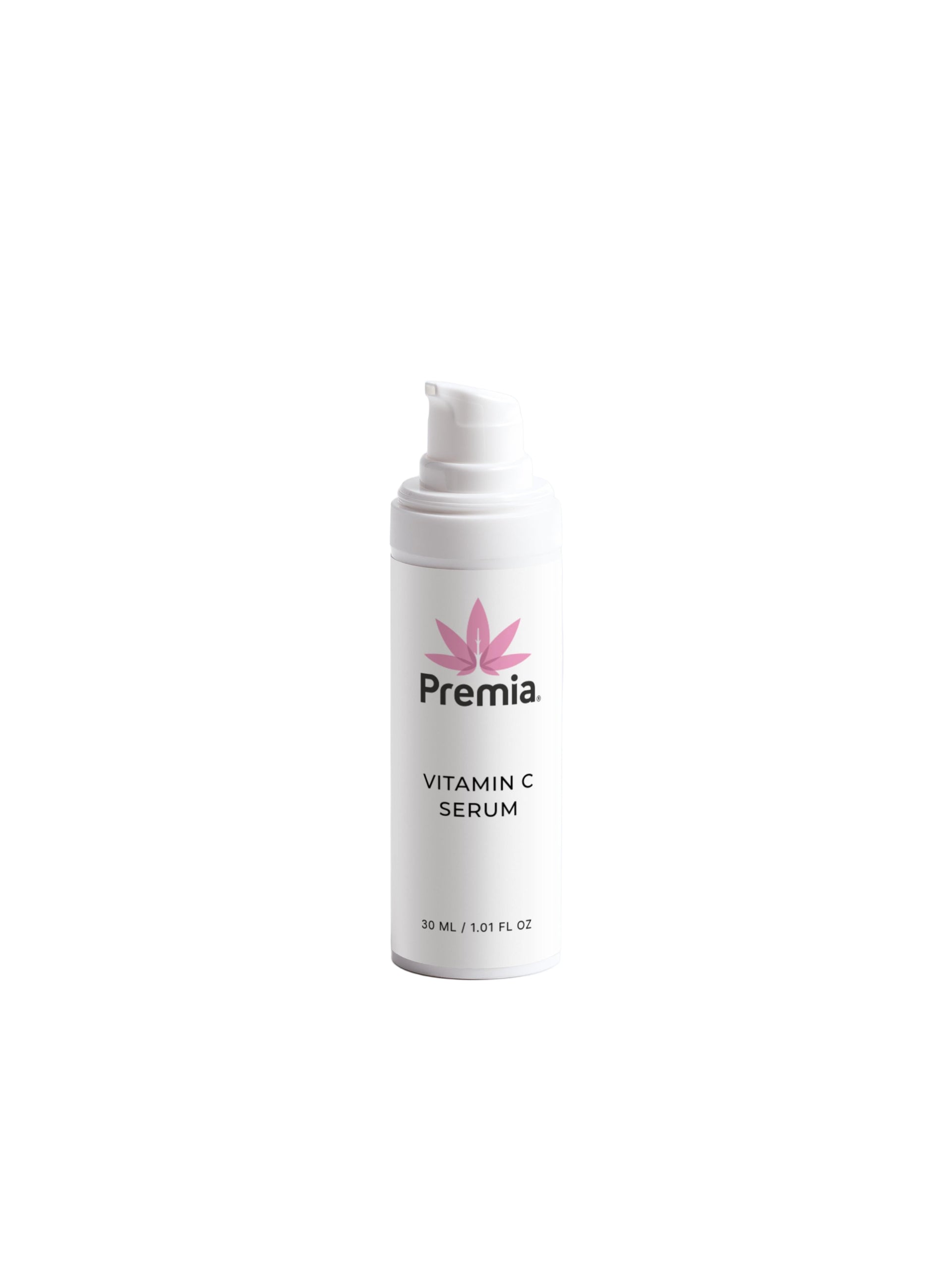 White bottle of Premia Vitamin C Serum on a white background