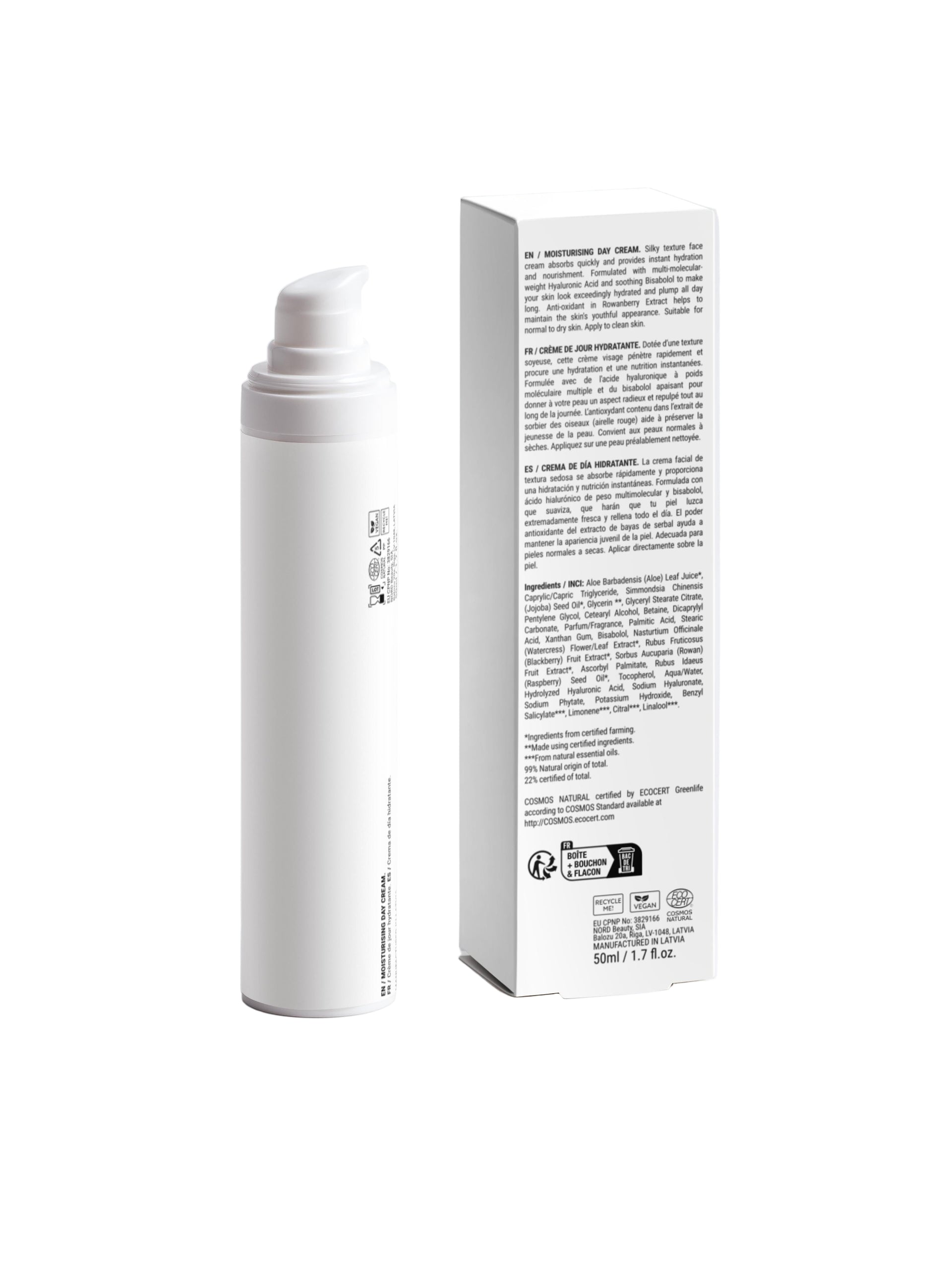 White cylindrical container with a matching box on a light gray background