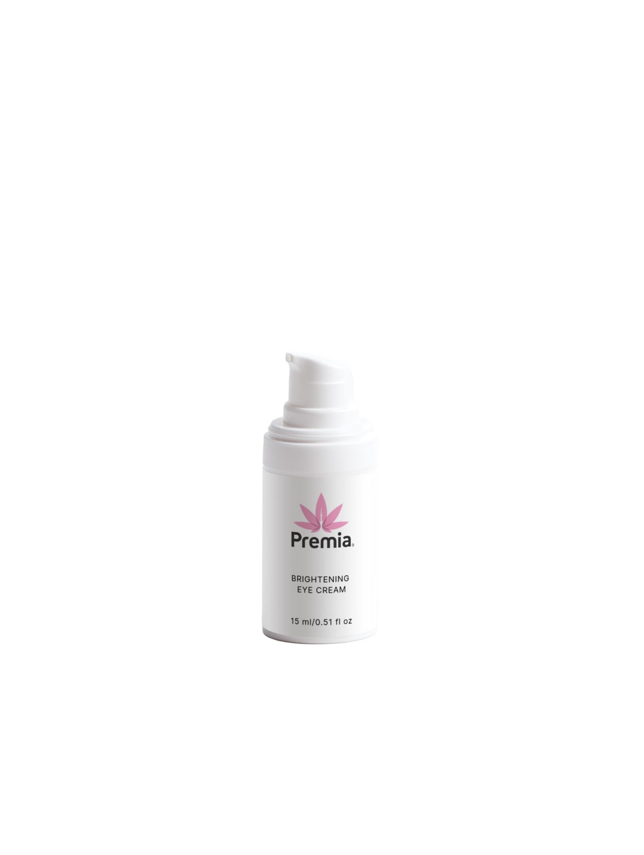 White eye cream bottle with 'Premia' branding on a white background