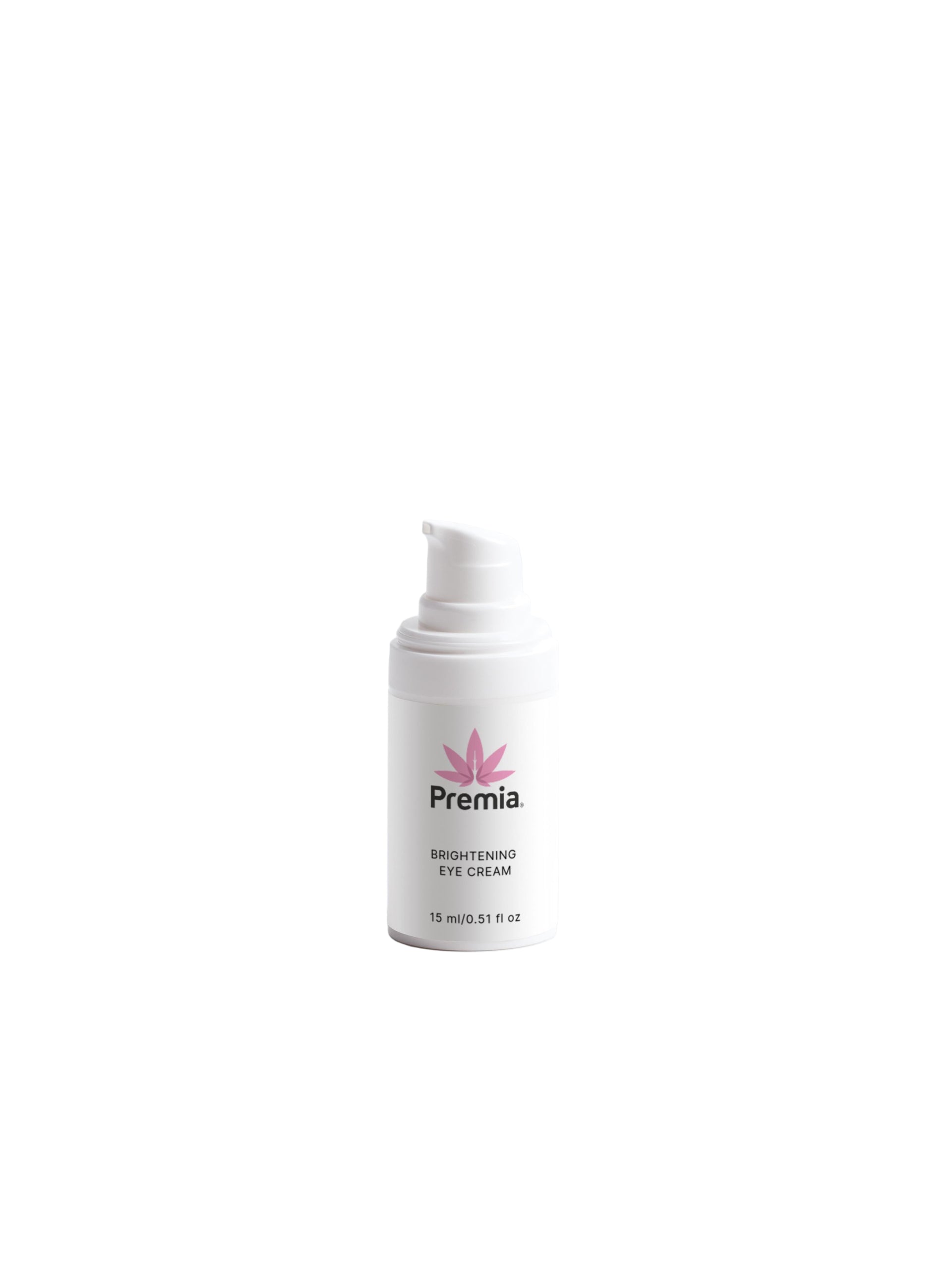 White eye cream bottle with 'Premia' branding on a white background